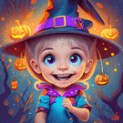 Sorcière joyeuse avec citrouilles lumineuses